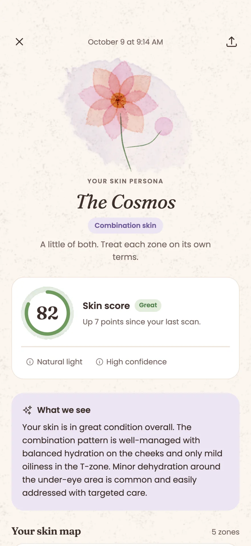 Skina scan result showing the skin persona The Cosmos for combination skin and a skin score of 82 out of 100