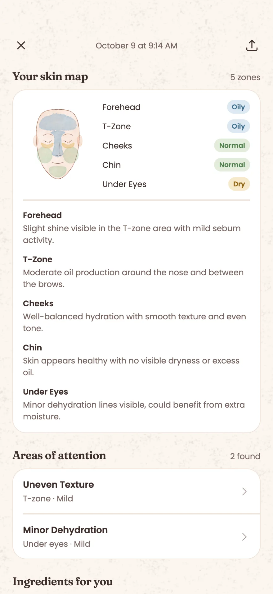 Skin map with a reading for forehead, T-zone, cheeks, chin and under-eyes