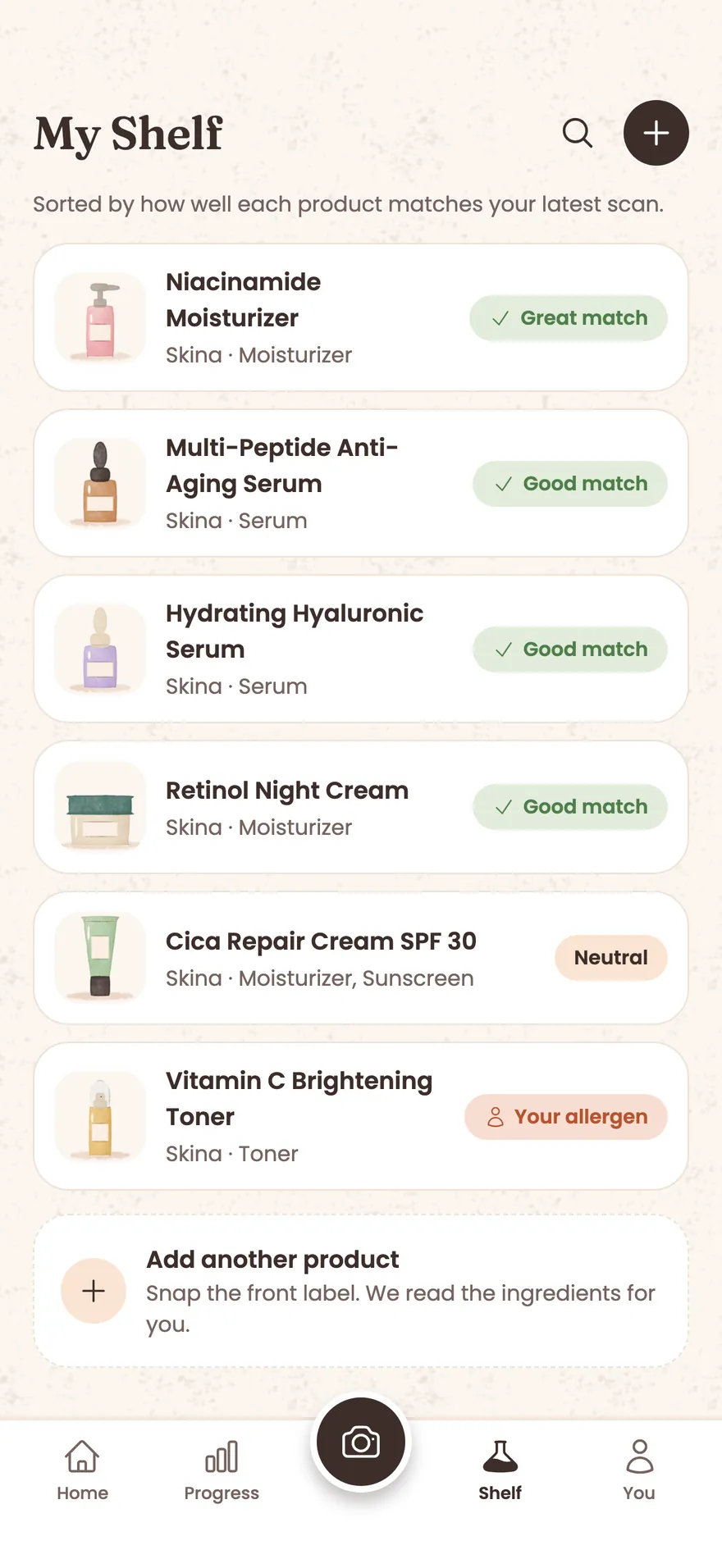 My Shelf with six products, each with a painted icon and a verdict such as Great match, Neutral or Your allergen