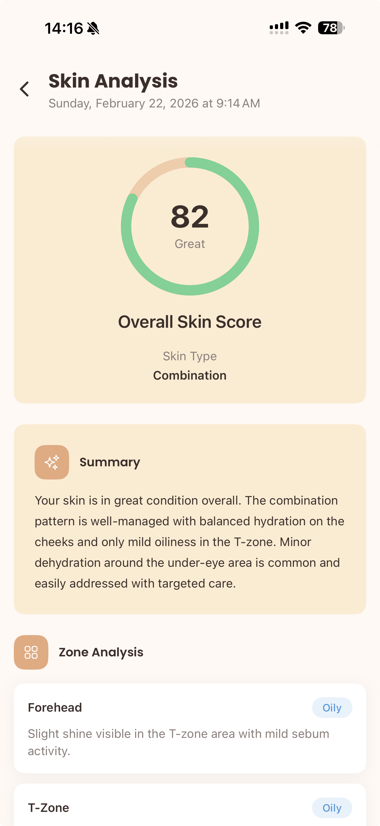 Skin analysis results with score and zone breakdown